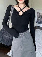 Herbst Koreanische Mode Y2K T-shirt Frau Japanischen halter Bandage V-ausschnitt Sexy Dünne Langarm Autum T-shirt T-shirt Frauen Tops